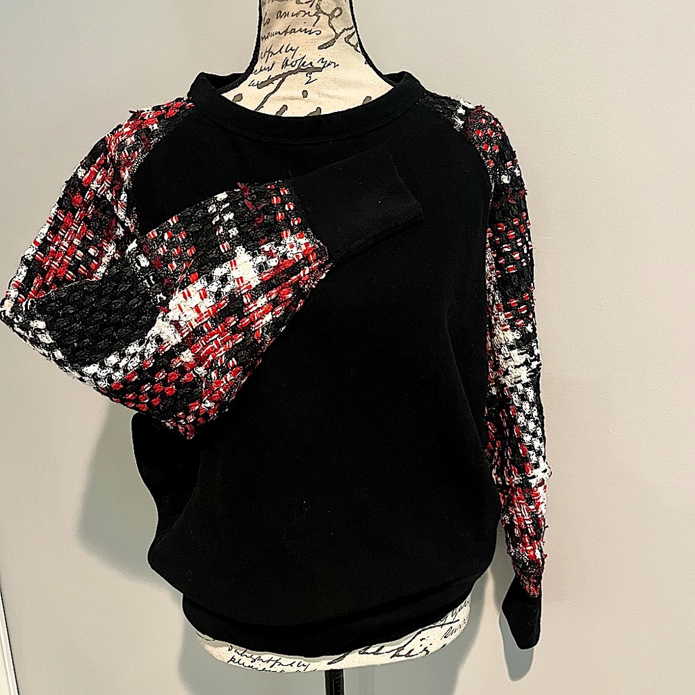 Rag & Bone Linton Racer Sweatshirt with Plaid Tweed Sleeves - Picture 12 of 15